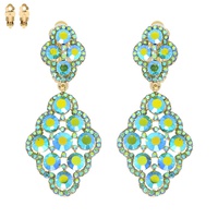 2-TIER CRYSTAL RHINESTONE QUATREFOIL SHAPED DANGLE AND DROP CLIP-ON EARRINGS