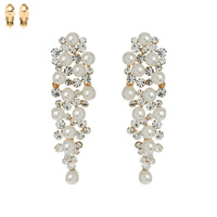 RHINESTONE & SYNTHETIC PEARL CLUSTER LONG DROP CLIP ON EARRINGS