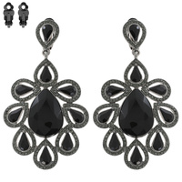 LARGE 2-TIER CRYSTAL RHINESTONE PAVE TEARDROP FLORAL CLUSTER DANGLE AND DROP CLIP-ON EARRINGS