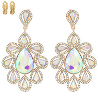 LARGE 2-TIER CRYSTAL RHINESTONE PAVE TEARDROP FLORAL CLUSTER DANGLE AND DROP CLIP-ON EARRINGS