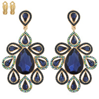 LARGE 2-TIER CRYSTAL RHINESTONE PAVE TEARDROP FLORAL CLUSTER DANGLE AND DROP CLIP-ON EARRINGS