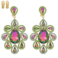 LARGE 2-TIER CRYSTAL RHINESTONE PAVE TEARDROP FLORAL CLUSTER DANGLE AND DROP CLIP-ON EARRINGS