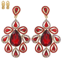 LARGE 2-TIER CRYSTAL RHINESTONE PAVE TEARDROP FLORAL CLUSTER DANGLE AND DROP CLIP-ON EARRINGS