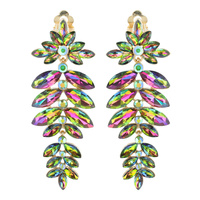 PETAL LINEAR LONG DROP CRYSTAL RHINESTONE CLIP ON EARRINGS