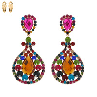 2-TIER CRYSTAL RHINESTONE PAVE TEARDROP SHAPED DANGLE AND DROP CLIP-ON EARRINGS