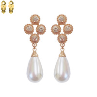 4 STONE PEARL DROP METAL CLIP EARRING