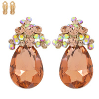 CRYSTAL CLUSTER TEARDROP CLIP ON EARRINGS IN GOLD AND SILVER TONE METAL
