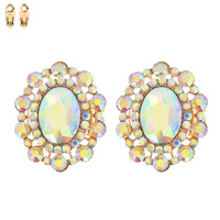 CRYSTAL RHINESTONE OVAL CLUSTER CLIP ON DROP EARRINGS