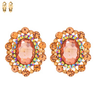 CRYSTAL RHINESTONE OVAL CLUSTER CLIP ON DROP EARRINGS