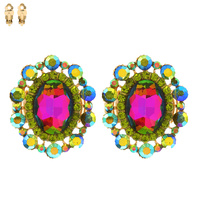 CRYSTAL RHINESTONE OVAL CLUSTER CLIP ON DROP EARRINGS