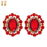 CRYSTAL RHINESTONE OVAL CLUSTER CLIP ON DROP EARRINGS