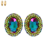 CRYSTAL RHINESTONE OVAL HALO CLIP ON DROP EARRINGS