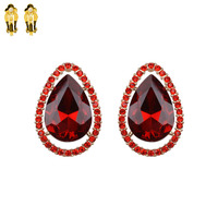 RED SOPHISTICATED CLIP EARRINGS W/ TEARDROP GEM STONE