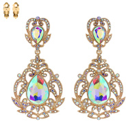 Dangly Teardrop Gems With Stone Encrusted Filligree Metal Clip Earrings Ecq34Gab