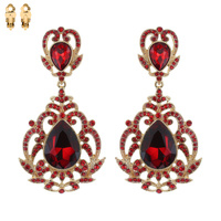 Dangly Teardrop Gems with Stone Encrusted Filligree Metal Clip Earrings