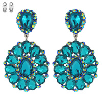 Dangly Teardrop Gem Cluster Metal Clip Earrings