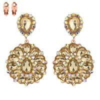 Dangly Teardrop Gem Cluster Metal Clip Earrings