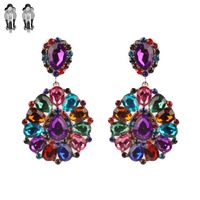 Dangly Teardrop Gem Cluster Metal Clip Earrings