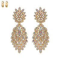 Dangly Stone Leaf Cluster Metal Clip Earrings