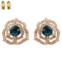 Stone Encrusted Rose With Center Stone Metal Clip Earrings
