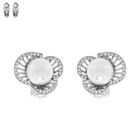 CRYSTAL RHINESTONE AND SYNTHETIC PEARL FLORAL STUD CLIP ON EARRINGS