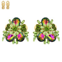 BLING GEMSTONE BLOSSOM FLOWER CLIP ON EARRINGS