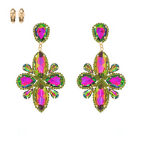 STATEMENT OVERSIZED  CRYSTAL GEMS  FLOWER CLIP ON DANGLE EARRINGS