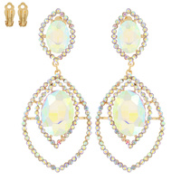 2-TIER PETAL SHAPED CRYSTAL RHINESTONE PAVE CLIP ON LONG DROP EARRINGS