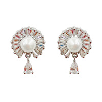 PLATED PEARL AND CZ DROP EARRING
