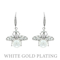 CUBIC ZIRCONIA CZ WHITE GOLD PLATED BEE WITH PEARL DANGLE EARRINGS