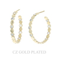 31MM GOLD PLATED CZ HEX LINK HALF HOOP EARRINGS