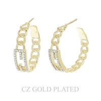 29MM GOLD PLATED CZ CHAIN LINK HALF HOOP EARRINGS