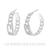 29MM GOLD PLATED CZ CHAIN LINK HALF HOOP EARRINGS