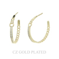 25MM GOLD PLATED CZ CHAIN LINK HALF HOOP EARRINGS