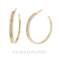 34MM GOLD PLATED CZ PAVE RIBBED HALF HOOP EARRINGS