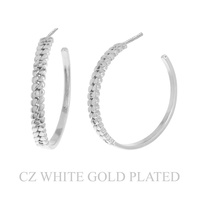 34MM GOLD PLATED CZ PAVE RIBBED HALF HOOP EARRINGS