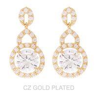 2-TIER GOLD PLATED CZ HALO LINK DROP EARRINGS