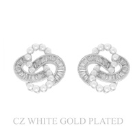 GOLD PLATED CZ PAVE PEARL KNOT STUD EARRINGS