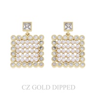 GOLD PLATED CZ PEARL LATTICE SQUARE EARRINGS
