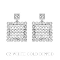 GOLD PLATED CZ PEARL LATTICE SQUARE EARRINGS