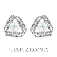 PEARL AND CZ CUBIC ZIRCONIA TRIANGLE STUD EARRINGS
