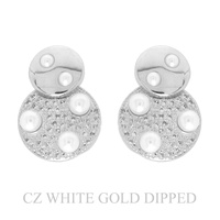 GOLD PLATED CZ PEARL LAYERED DOUBLE DISC EARRINGS