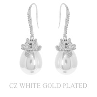 GOLD PLATED CZ CAT CAP PEARL FISH HOOK EARRINGS