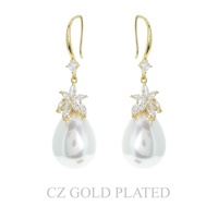 GOLD PLATED CZ FLORAL PEARL FISH HOOK EARRINGS
