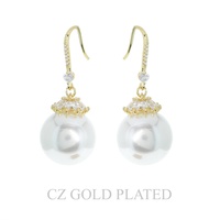 GOLD PLATED CZ CAP PEARL FISH HOOK EARRINGS