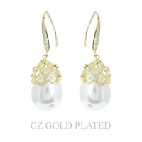 GOLD PLATED CZ CAP PEARL FISH HOOK EARRINGS