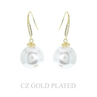 GOLD PLATED CZ CAP PEARL FISH HOOK EARRINGS