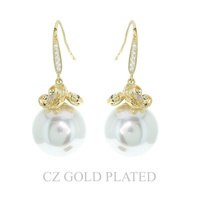 GOLD PLATED CZ CAP PEARL FISH HOOK EARRINGS