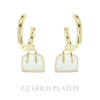 GOLD PLATED CZ PURSE CHARM HOOP EARRINGS