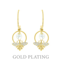 CUBIC ZIRCONIA CZ WHITE GOLD PLATED BEE WITH PEARL DROP HALF HOOP EARRINGS